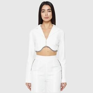 Maniere De Voir Embellished Cropped Blazer White US 2 UK 6 Crystal Hem No Pants